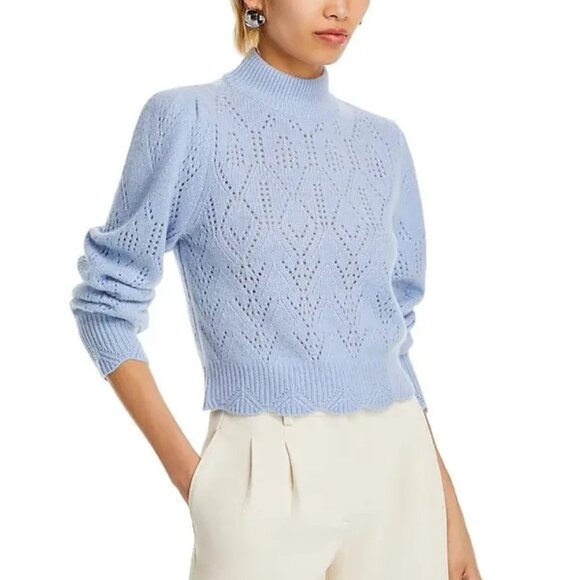 AQUA Cashmere Pointelle Mock-Neck Sweater Chambray Blue M NWT - Picture 1 of 5